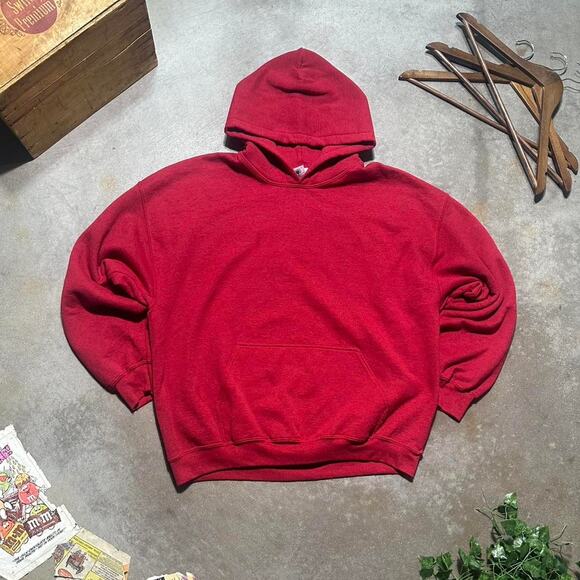 Vintage Y2K Red Solid Color Hoodie Mens XL 2000s Essentials Boxy Sweatshirt - Picture 1 of 4